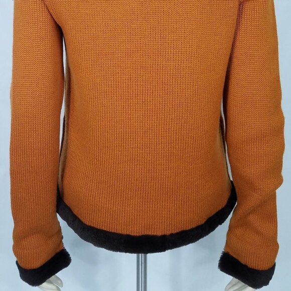 Carlisle burnt orange full zip 100% Merino wool cardigan faux fur trim Small - Picture 9 of 10